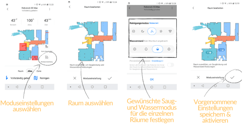 Die Saugkraft und die Wasserintensität wird pro Raum individuell in der App festgelegt
